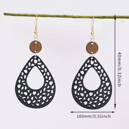 NONQL Handmade Lightweight Bohemian Retro Hollow Wooden Round Earrings Boho Big Teardrop Oval Circle Dangle Earrings for Women Statement Geometric Jewelry