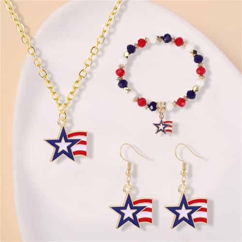4th of July Earring Bracelet And Necklaces Jewelry Set for Women Men Personalized Red White and Blue Patriotic American Flag Dangle Drop Earrings Independence Day Holiday Accessories Gifts - style: star