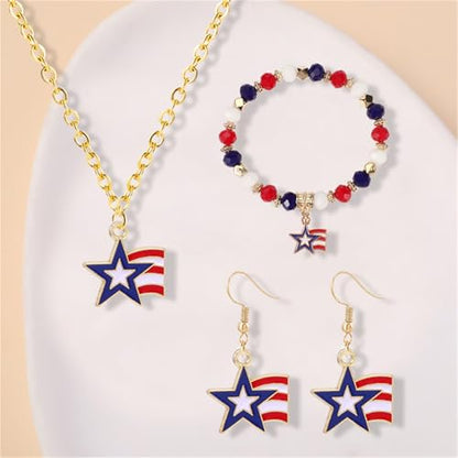 4th of July Earring Bracelet And Necklaces Jewelry Set for Women Men Personalized Red White and Blue Patriotic American Flag Dangle Drop Earrings Independence Day Holiday Accessories Gifts - style: star