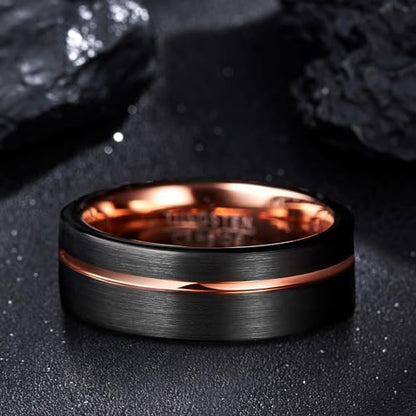 Tungsten Rings for Men 8mm Rose Gold/Blue Grooved Rose Gold and Black/Browm/Blue Two Tone Wedding Band Size 5-14 - color: Black + Rose Gold