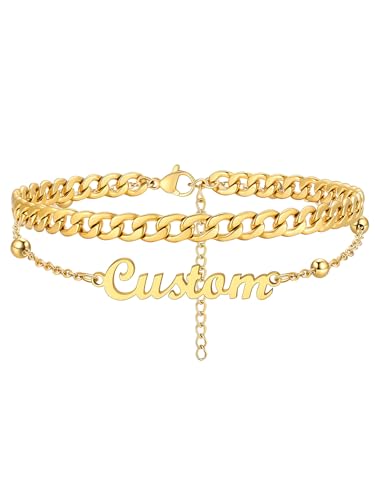Custom4U Custom Name Anklet Bracelets for Women Waterproof Beaded/Figaro/Cuban/Rope/Wheat Chain Anklet Stackable Gold Plated Non Tarnish Custom Beach Gift Barefoot Summer Jewelry for Her - color: B01-Gold Cuban Chain