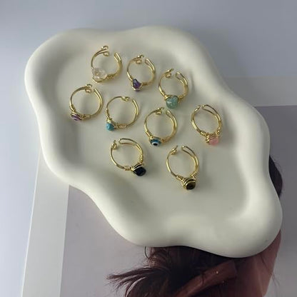 Chakra Crystal Ring Adjustable Gemstone Rings Wire Wrapped Irregular Crystal Ring Gemstone Carnelian Rose Quartz Amethyst Evil Eye Tiger Eyes Crystal Ring for Women - color: Green