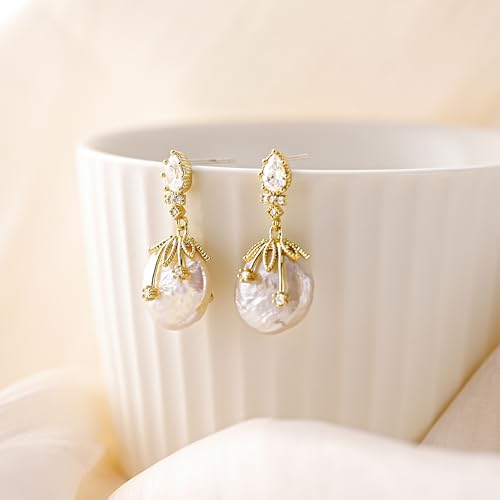 YOIHUR Drop Dangle Pearl Earrings for Women, Dainty 14K Gold Plated Pearl Hoop Earrings Hypoallergenic Wedding Pearls Dangle Earrings Jewelry Gift for Women Bridal - color: Gold-Pink Baroque Pearl Earrings