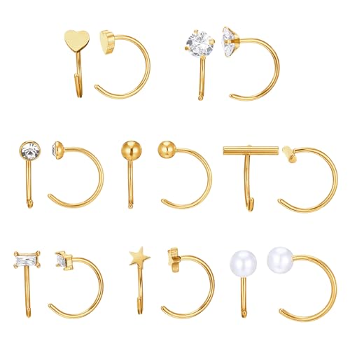 8 Pairs Stainless Steel Half Hoop Earrings | Huggie Hoop Earrings | Backless Earring for Women - color: Gold