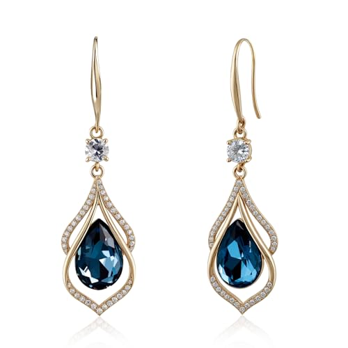 Gold Sapphire Dangle Earrings for Women Teardrop Birthstone Zirconia Earrings Royal Blue Sparkle Rhinestone Crystal Jewelry