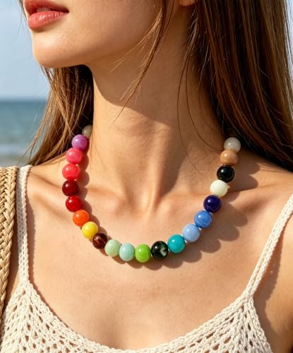 Chunky Beaded Necklace for Women 16mm Round Bead Resin Modern Statement Necklace Jewelry Accessories - color: colorful 08