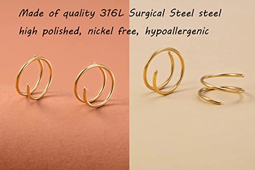 Double Hoop Earrings for Single Piercing, 3 Pairs 316L Surgical Steel Spiral Twist Illusion Lobe Cartilage Helix Hoop Earring Double Hoop Earrings for One Hole - color: Gold-8mm