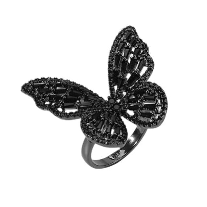 Butterfly Rings for Women Adjustable Golden Cocktail Ring Sparkly Stones Statement Silver Bow Open Wrap Bow Jewelry Bridesmaids Wedding Valentine’s Day Gift Lover Mother - color: JZ03-Black