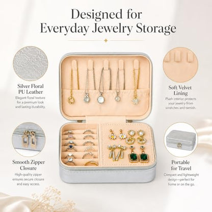 Travel Jewelry Box, Portable jewelry organizer with Embossed PU Leather Small Jewelry Box with Zipper, Velvet Lined Ring Earring Necklace Case for Travel, 6.3 x 4.7 x 2.4 in - color: Silver