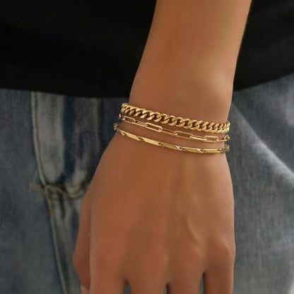 Gold Bracelets for Women 14K Gold Plated Sets Trendy Thin Dainty Stackable Cuban Link Paperclip Chain Bracelet Pack Accessories - color: C9245