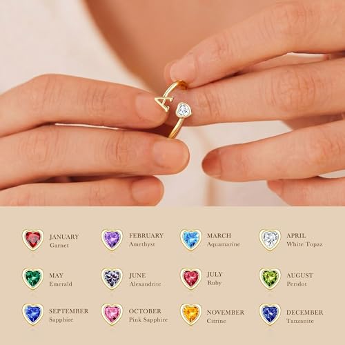 Turandoss Teen Girl Birthday Gifts for 8 9 10 11 12 13 14 15 16 Years | Dainty 14K Gold Plated Initial Letter A-Z Adjustable Heart Birthstone Ring Personalized Birthday Jewelry Gifts