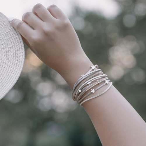 Boho Cute Star Leather Wrap Bracelets Stackable Western Chunky Jewelry | Bohemian Statement Layered Stack Magnetic Clasp Cuff Bangle Fashion Festival Hippie Cowgirl Country Outfits for Women Trendy - color: Gold