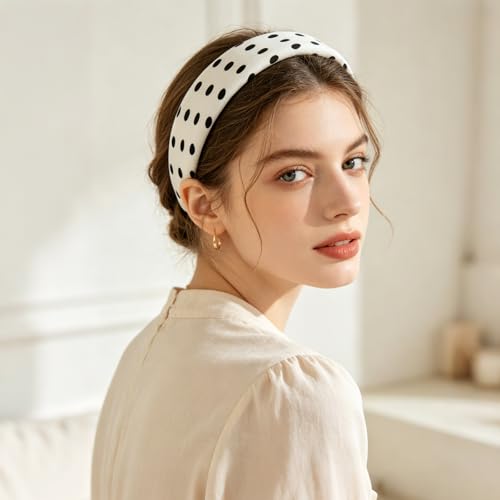 Padded Headband for Women, Polka Dot Wide Headbands, Thick Sponge Hair Bands, Non-Slip Fashion Hair Accessories for Daily Wear, Party, 2 Pack (Black & White)