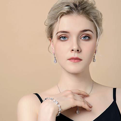 AMYJANE Crystal Jewelry Set for Women - Sterling Silver Square Cubic Zirconia CZ Bridal Pendant Necklace Earrings Set for Wedding Bride Bridesmaids Birthstone Fashion Jewelry Set - color: Clear