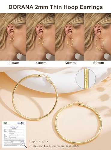 2mm Thin 14K Gold Plated Large S925 Sterling Silver Hoop Earrings for Women Hypoallergenic Big Hoop Non Tarnish Earrings Lightweight 20/30/40/50/60/70mm - color: Gold-40mm