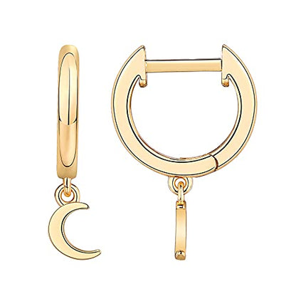 PAVOI 14K Gold Plated Huggie Hoop Earrings with Charms for Women - 925 Sterling Silver Posts Dainty Motif Huggie Hoop Dangle Earrings - Lightweight Dangle Drop Jewelry with Cubic Zirconia - style: Moon