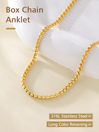 FindChic Stainless Steel Ankle Bracelets for Women, Waterproof Figaro/Cuban/Box/Beaded Chain Anklets, Summer Beach Foot Jewelry, 8.5''-10.5'' Adjustable Length, with Gift Box - style: Box Chain-Gold