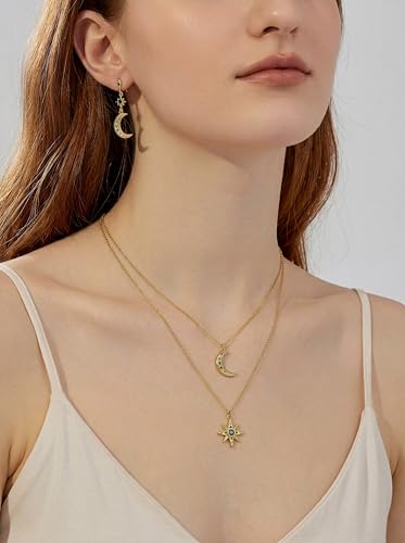 Celestial Star Moon Pendant Necklaces for Women Trendy, 14K Gold Plated Dainty Charm Necklaces with Green Blue Zircon, Gold Pendant Necklace for Wedding & Everyday Wear - style: Moon & Star Layered Necklace