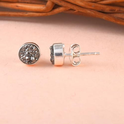 5 MM Natural Gemstone 925 Sterling Silver Hypoallergenic Studs Earrings Jewelry for Women Dainty Trendy Antiqued Silver Birthstone Earrings Jewelry Gifts for Women and Her - color: Black Druzy