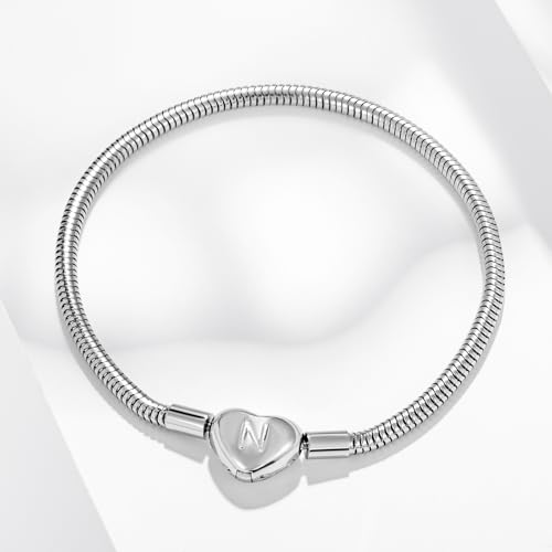Initial Bracelet Heart Clasp Stainless Steel Snake Chain Alphabet Letter Charm Gift for Women Mom Girlfriend Wife - style: N