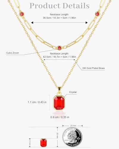 Gold Layered Necklaces for Women, 18k Gold Plated Crystal Necklace Paperclip Choker Emerald Green Jewelry for Women Gifts - color: Big Red