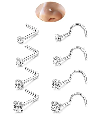 8PCS 18G 20G 22G Nose Studs, Hypoallergenic L Shaped Nose Rings Set | Gold/silver styles, 316L Surgical Stainless Steel, CZ sizes 1.5-3mm, secure fit for sensitive skin and daily wear - color: 20G L-Shaped/Corkscrew Silver