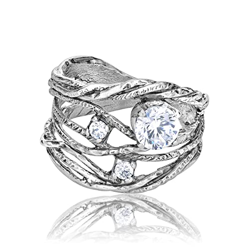 JEAN RACHEL JEWELRY 925 Sterling Silver Ring - Openwork Vintage Design with Prong Set Cubic Zirconia - Hypoallergenic, Lead & Nickel Free Jewelry - Artisan Handcrafted Statement Rings for Women