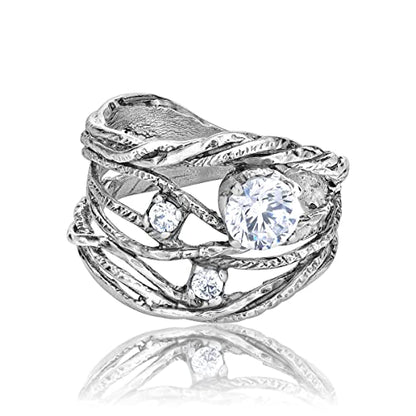 JEAN RACHEL JEWELRY 925 Sterling Silver Ring - Openwork Vintage Design with Prong Set Cubic Zirconia - Hypoallergenic, Lead & Nickel Free Jewelry - Artisan Handcrafted Statement Rings for Women