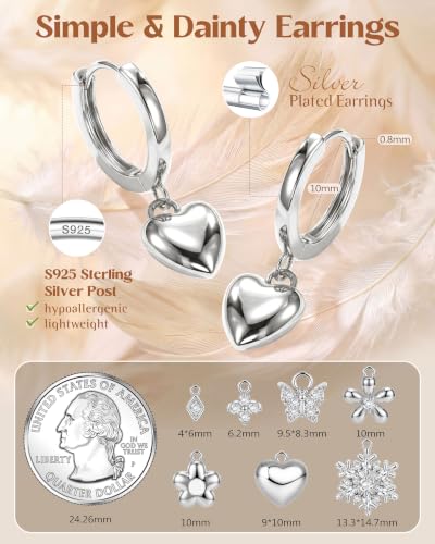 FIBO STEEL 14K Gold Plated Hoop Earrings with Charms for Women Huggie Hoops | Hypoallergenic 925 Sterling Silver Post Dangle Earrings Small Silver Gold Hoops Earring Cubic Zirconia Dangle Drop Jewelry - color: Puffy Heart - Silver Plated