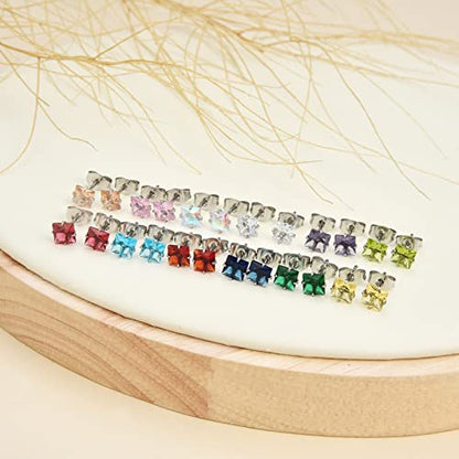 12 Pairs Surgical Stainless Steel Stud Earring Round Heart Star Square Cubic Zirconia Birthstone Stud Earrings Set for Women - color: Silver square 4mm