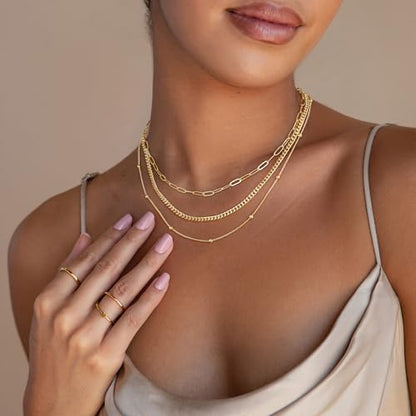 Turandoss Layered Necklaces for Women, 14K Gold Plated Chain Necklace Stack | Non Tarnish Gold Necklaces for Women, Toggle Clasp Herringbone Rope Satellite Cuban Link Chain Necklace, Trendy Jewelry Gifts - color: paperclip+cuban link+satellite