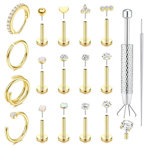 ORAZIO 14K Gold Filled Nose Rings Studs Hoops for Women Men 20G 18G Hypoallergenic Surgical Steel Push in Threadless Flat Back Earrings CZ Helix Tragus Lip Cartilage Medusa Nostril Piercing Jewelry - color: 14K Gold Plating, size: 16g=1.2mm