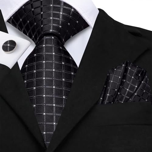 Dubulle Mens Paisley Striped Tie Woven Necktie for Men and Handkerchief Cufflinks Set Wedding Formal Business - color: Black White