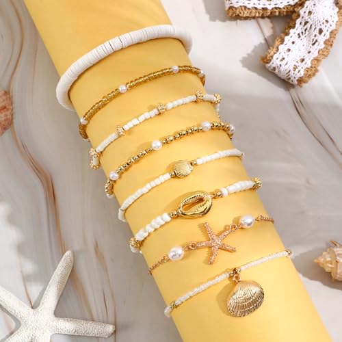 8Pcs Boho Shell Anklets Set, Adjustable Summer Beach Foot Jewelry | Handmade Seashell Starfish Ankle Bracelets for Women, Ocean Accessories for Summer Vacations, Hawaiian Trips or Pool Parties
