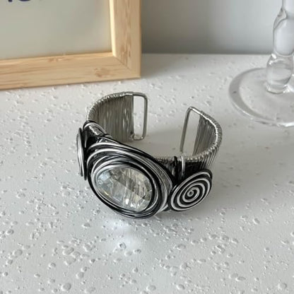 Chunky Cuff Bracelets for Women Wide Gold/Silver Cuffs Bangle Hollow Out Adjustable Bracelets Punk Vintage Jewelry - style: Black Crystal