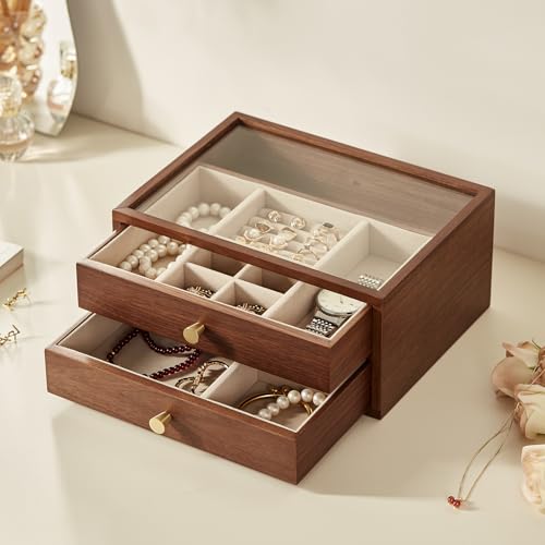 Black Walnut Wooden Jewelry Box for Women, 2 Layer | Large Jewelry Organizer Box, For Necklaces, Watch, Ring, Earring Storage, Ideal Gift - style: 2 Layer B