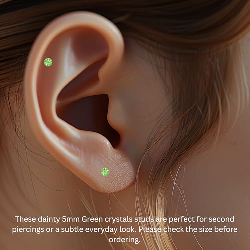 Stainless Steel Stud Earrings 5mm Crystal Birthstone Ultra-Tiny Cartilage Tragus Helix Second Ear Stackable Jewelry - color: August - Green