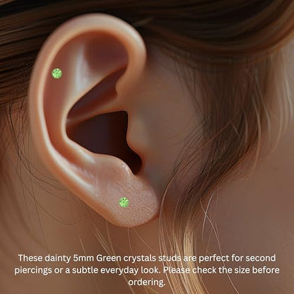 Stainless Steel Stud Earrings 5mm Crystal Birthstone Ultra-Tiny Cartilage Tragus Helix Second Ear Stackable Jewelry - color: August - Green