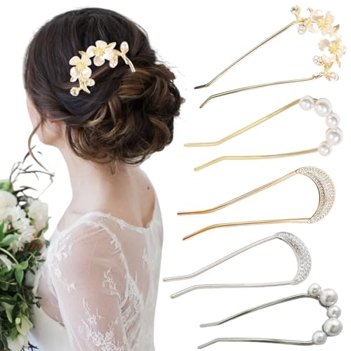 mdgfge Gold U Shaped Hair Pins Vintage Metal Hair Fork Pins Elegant French Hair Forks Curved Moon Pearl Flower Sparkly Bun Decorative Hair Accessories for Women Daily Use (5 Pcs)