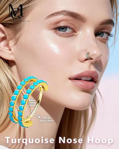 Nose Ring Hoop, 316L Stainless Steel Double Nose Rings, 20G Nose Piercing Jewelry for Women, Clear CZ Helix Cartilage Septum Nose Hoops - color: Turquoise-Gold-8mm
