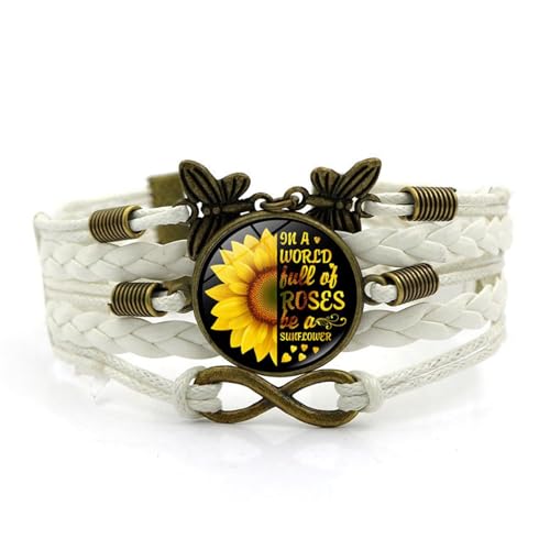 Braided Leather Wrap Bracelet for Women – Adjustable Boho Sunflower Charm Cuff, Vintage Brown Multi-Strand Wristband with Extender Chain - color: White
