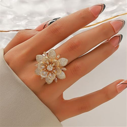 Kokoma Double Layered Rhinestone Flower Ring for Women Cubic Zirconia Geometry Sunflower Wrap Finger Band Adjustable Open Bands Rings Engagement Jewelry - color: Gold