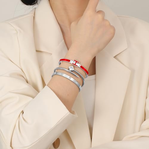 3Pcs Gold Bracelets for Women 14K Gold Plated Love/H/Nail Bangle Bracelet Dainty Non Tarnish Bracelet Jewelry Christmas Mothers Day Gifts for Women - color: 3Pcs Silver/Red H bracelet