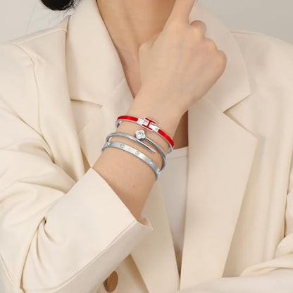 3Pcs Gold Bracelets for Women 14K Gold Plated Love/H/Nail Bangle Bracelet Dainty Non Tarnish Bracelet Jewelry Christmas Mothers Day Gifts for Women - color: 3Pcs Silver/Red H bracelet