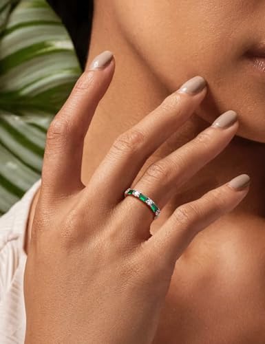 3.5mm Half Eternity Band Sterling Silver Rings for Women Sapphire/Ruby/Emerald and Cz Wedding Bands 7 Stone Stackable Birthstone Ring Anniversary Jewelry Size 6-10 - color: 05-Emerald-May