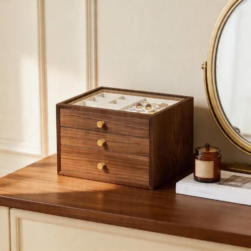 Black Walnut Wooden Jewelry Box for Women, 3 Layer Solid Wood Organizer with Glass Lid and Drawer, Large Storage for Necklace Ring Earrings Watch Bracelet, Birthday Gift for Mom Girls