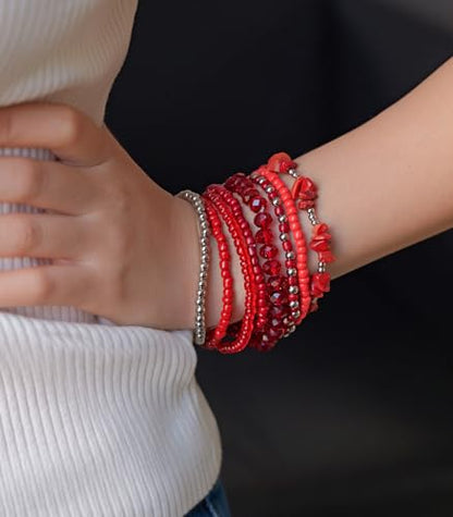 Noessla Boho Beaded Bracelets for Women Stackable Irregular Natural Stone Bead Stretch Bracelet Set 8PCS Costume Jewelry Gifts for Her - color: Red