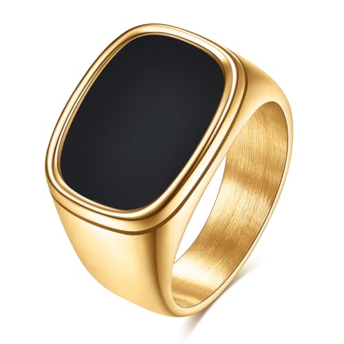 VQYSKO 14K Gold Plated Square Signet Ring | Stainless Steel Band for Men | Two-tone gold black signet ring fits index, middle &right ring fingers for daily jewelry matching