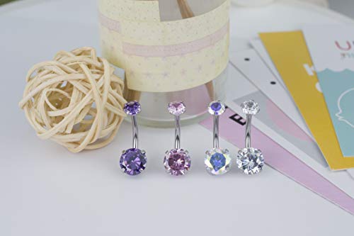 HQLA 14G Belly Button Rings Surgical Stainless Steel Round Cubic Zirconia Navel Barbell Stud Body Piercing - color: 4Pcs(Clear+Pink+Purple+AB Color)