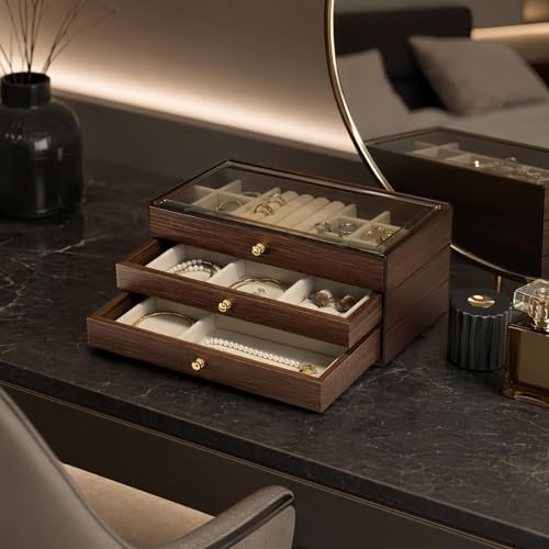 3 - Layer Wooden Drawers Jewelry Box for Women, Jewelry Organizer with Acrylic Cover & Velvet Lining - Adjustable Compartments for Earrings, Rings, Necklaces, Bracelets, Lipstick - size: 10"D x 4.5"W x 6.8"H